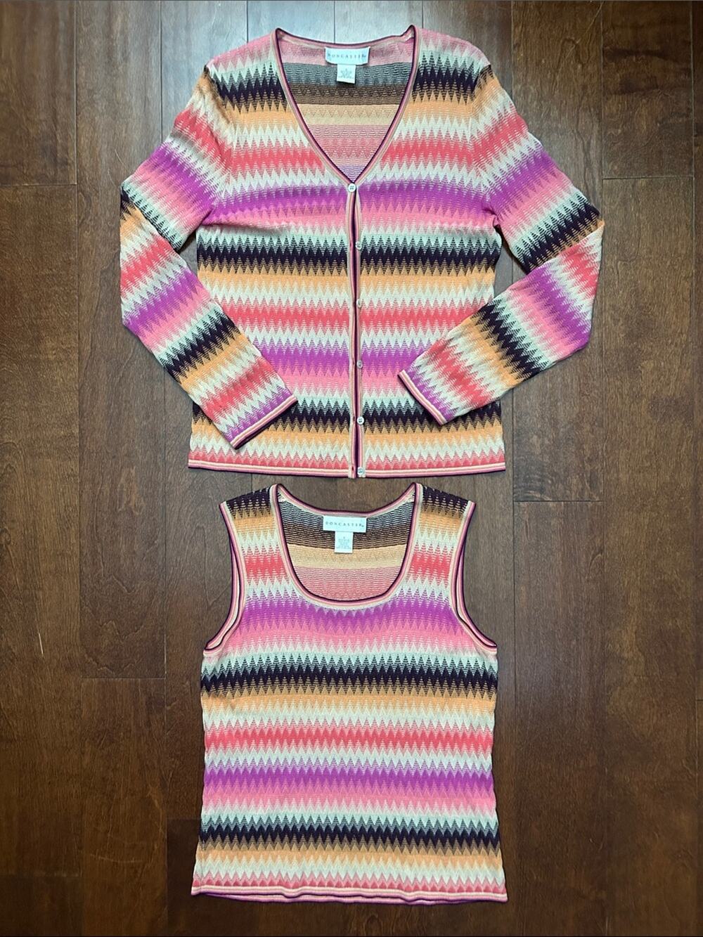 Doncaster Pink and Purple Zigzag Knit Tank & Cardigan Set, Size Small